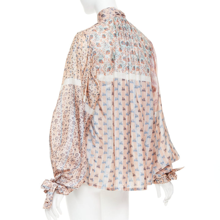 LOUIS VUITTON 2018 Runway 100% silk pink floral stripes pussybow blouse FR36 S