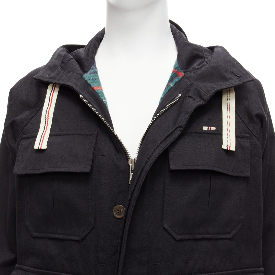 MAISON KITSUNE black wool blend stripes web drawstring 4 pockets parka jacket S