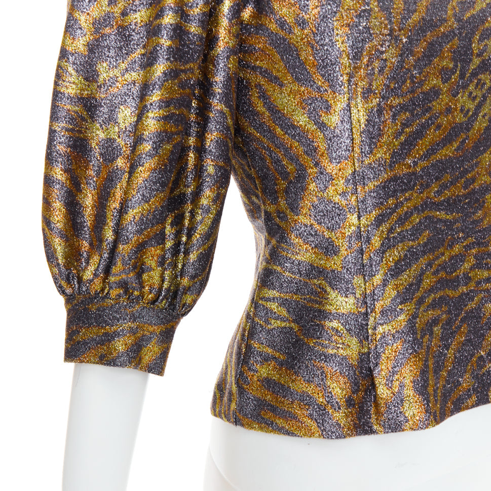 GANNI gold metallic tiger lurex lame puff sleeve cut out top FR36 S