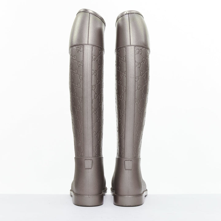 GUCCI silver GG logo monogram rubber flat tall rainboots EU36