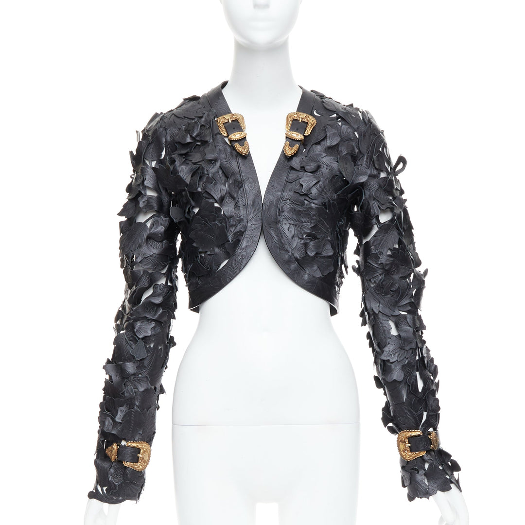 Female mannequin wearing Alexander McQueen by Sarah Burton Spring Summer 2011 Look 15 Runway Black Leather Women Cropped Jacket in Size IT40 | Available at JHROP