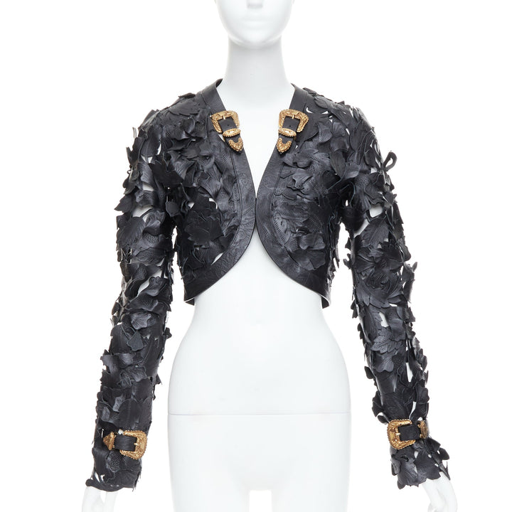 rare ALEXANDER MCQUEEN 2011 Runway black floral laser cut leather jacket IT40 S