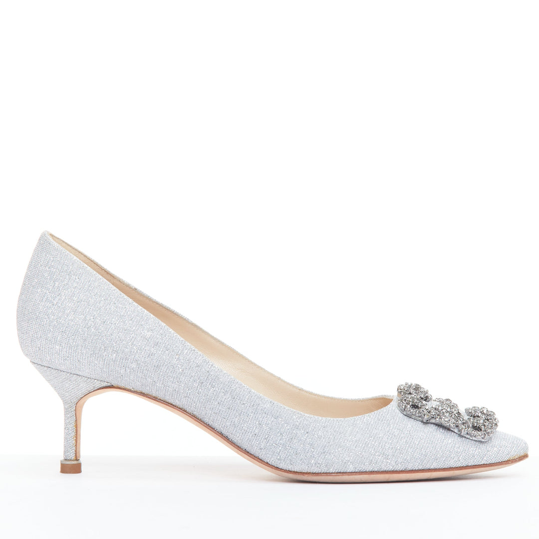 MANOLO BLAHNIK Hangisi 60 silver fabric crystal buckle pumps EU39