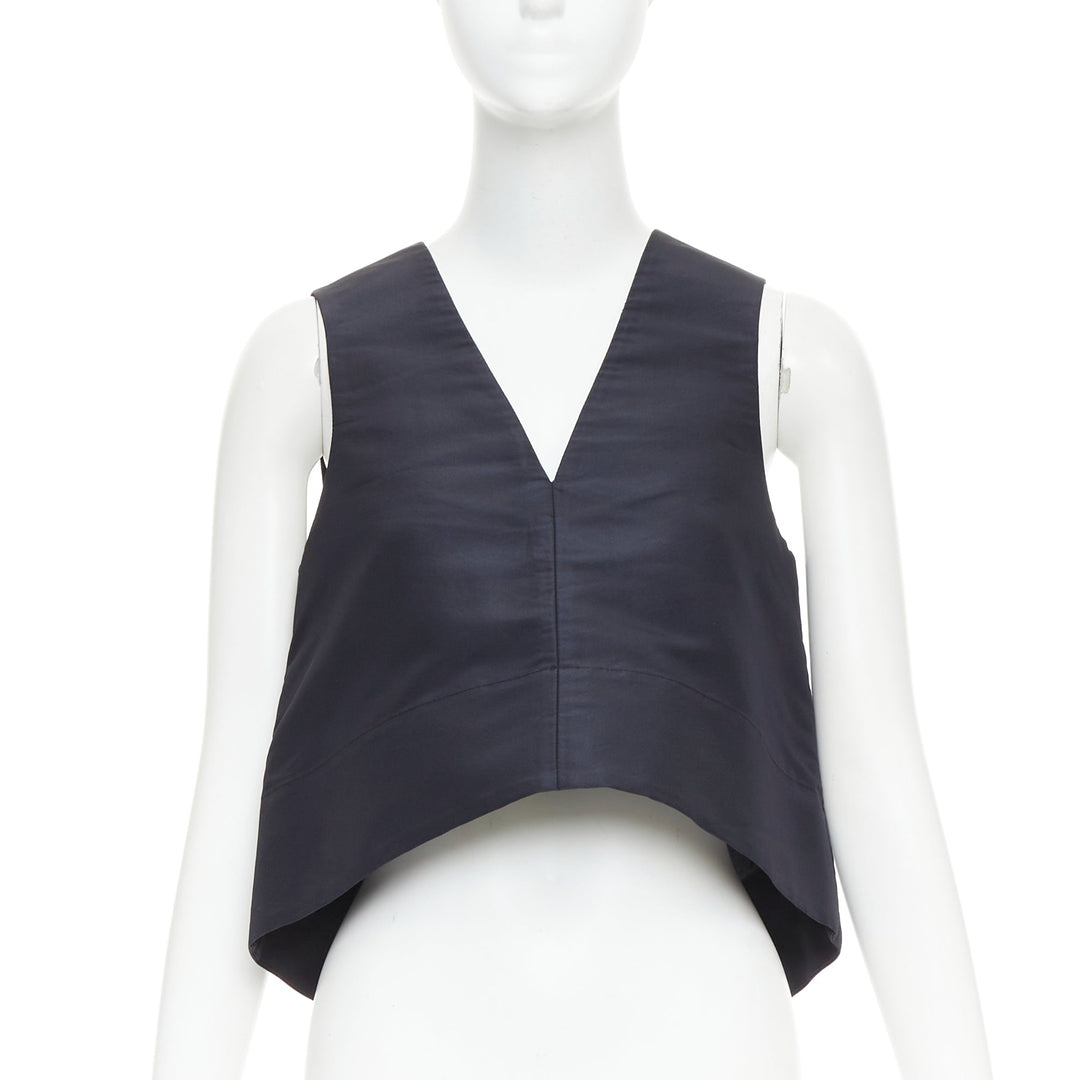TIBI navy silk faille silver buckle strap back V neck crop top US0 XS