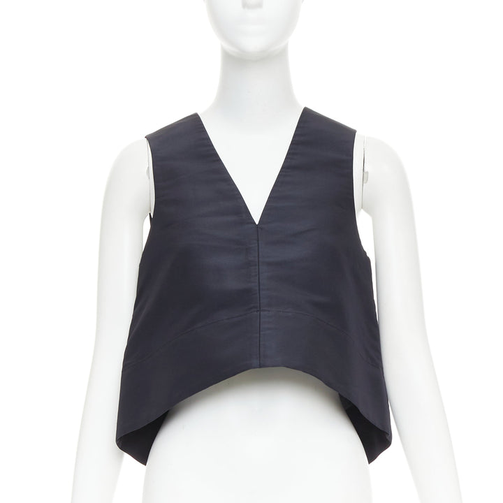TIBI navy silk faille silver buckle strap back V neck crop top US0 XS
