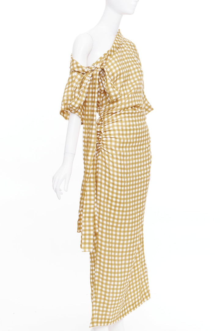 BERNADETTE Nowie brown off white gingham linen asymmetric belted dress IT40 S