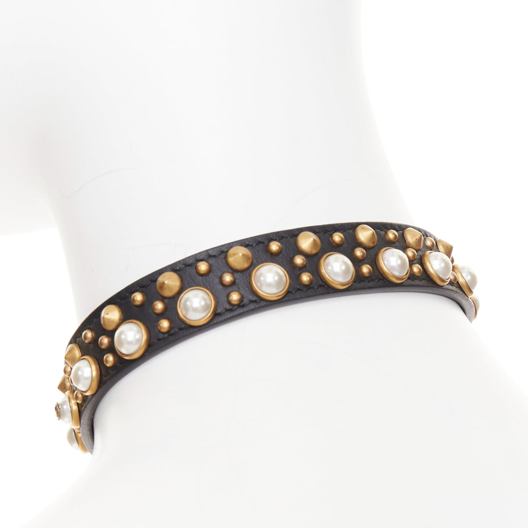 GUCCI 2017 black calfskin gold GG faux pearl embellished choker necklace
