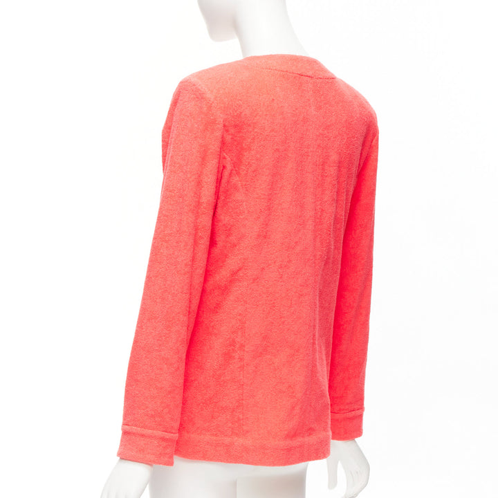 CHANEL coral pink towel terry cloth gold CC logo blazer jacket FR36 S
