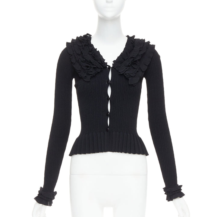 LOUIS VUITTON black ruffle collar cuffs ribbed long sleeves cardigan XS