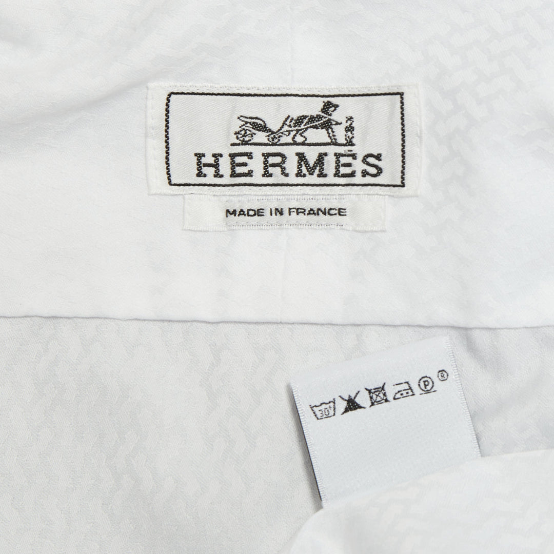 HERMES white dress tonal geometric jacquard cotton luxury button down top EU38 S