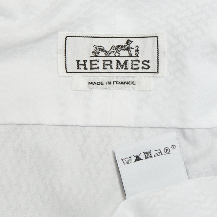 HERMES white dress tonal geometric jacquard cotton luxury button down top EU38 S