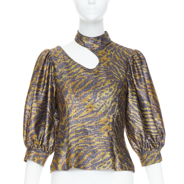 GANNI gold metallic tiger lurex lame puff sleeve cut out top FR36 S