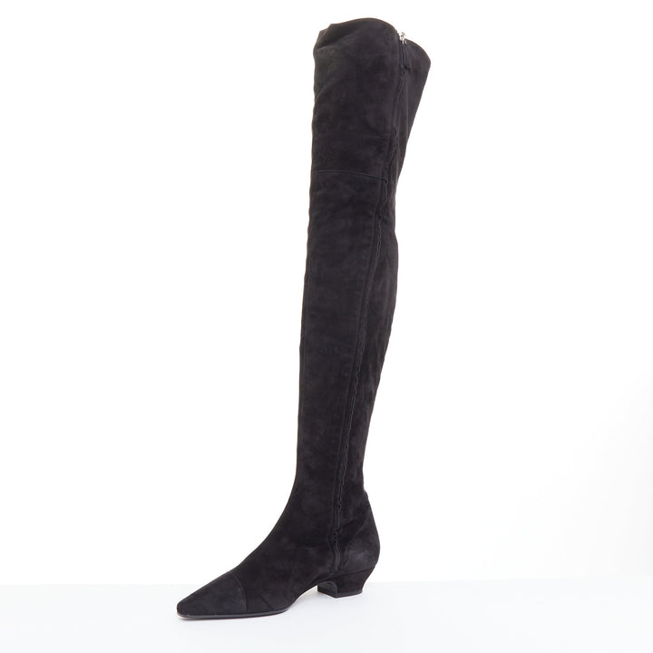 CHANEL 2018 Runway Forest Fairies black suede pointed square toe knee boots EU38