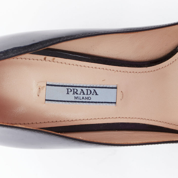 PRADA black patent leather curved chunky heel pointy court pumps EU39