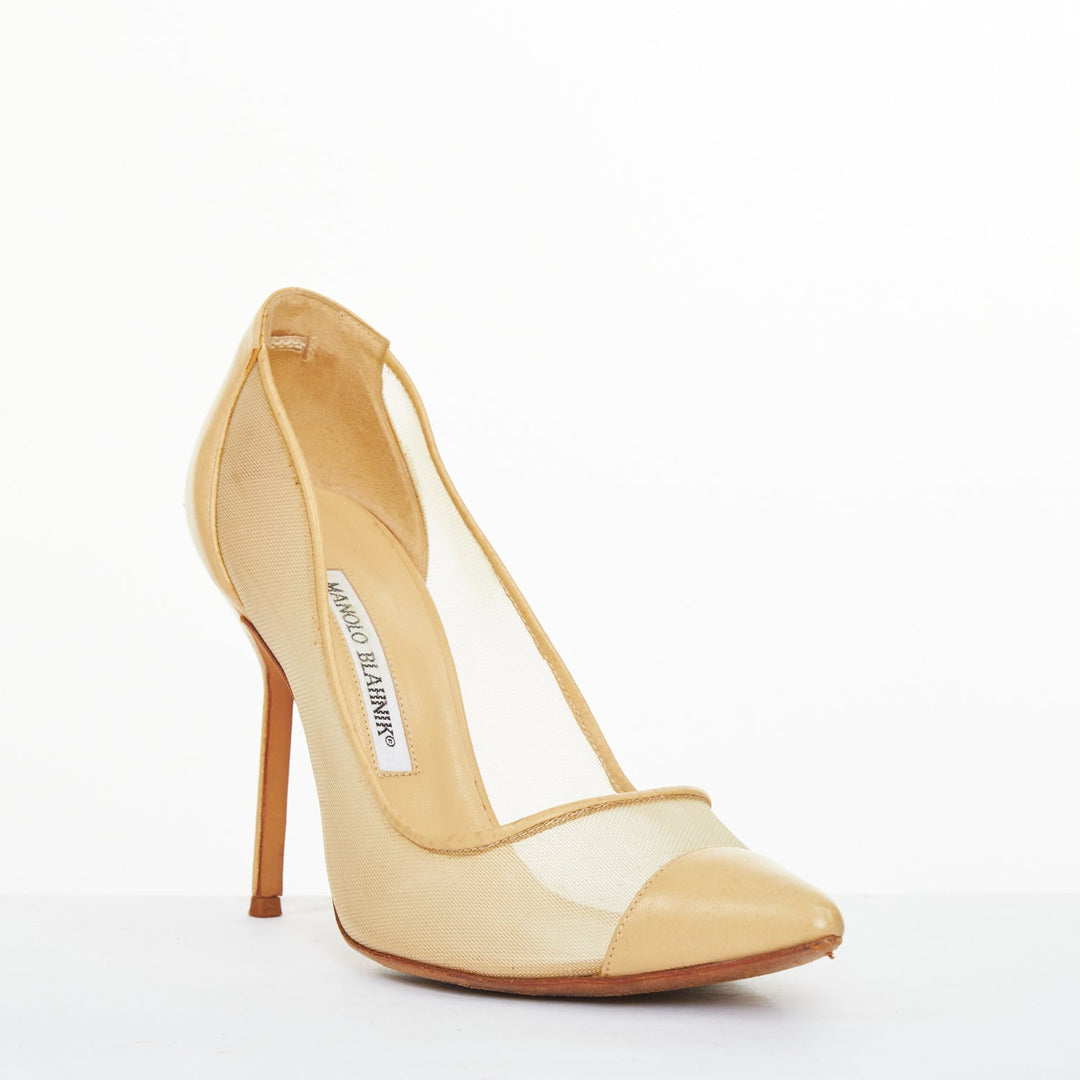 MANOLO BLAHNIK Belta sheer mesh nude beige leather cap toe stiletto pumps EU37.5