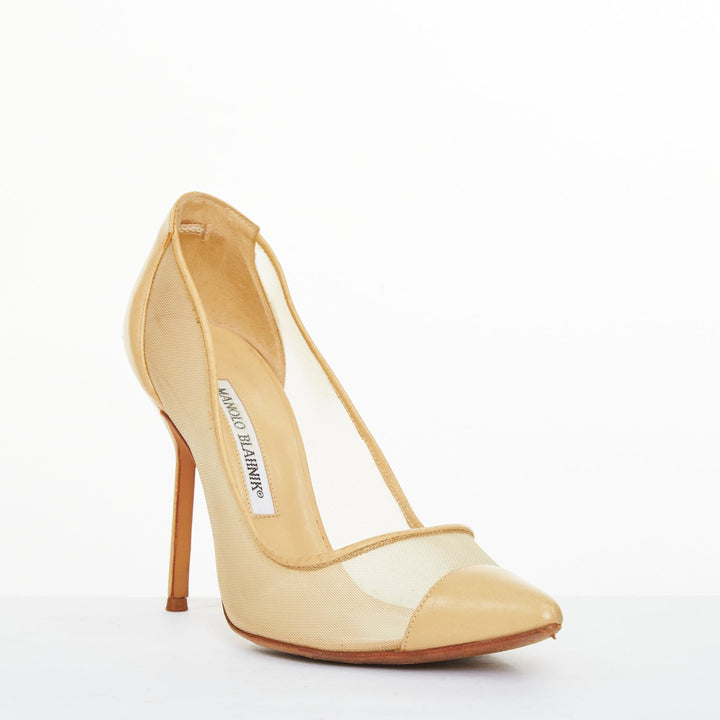 MANOLO BLAHNIK Belta sheer mesh nude beige leather cap toe stiletto pumps EU37.5