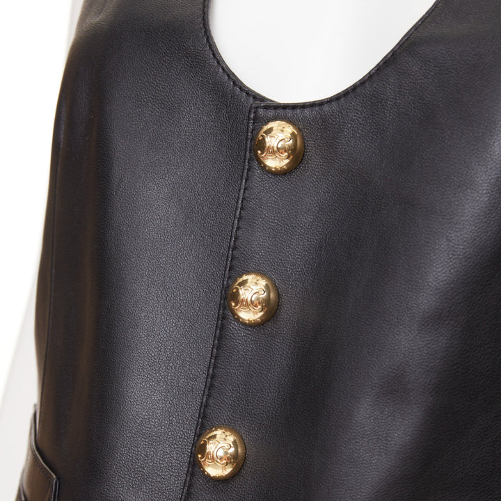 CELINE black lambskin leather gold Triomphe button waistcoat vest FR36 S