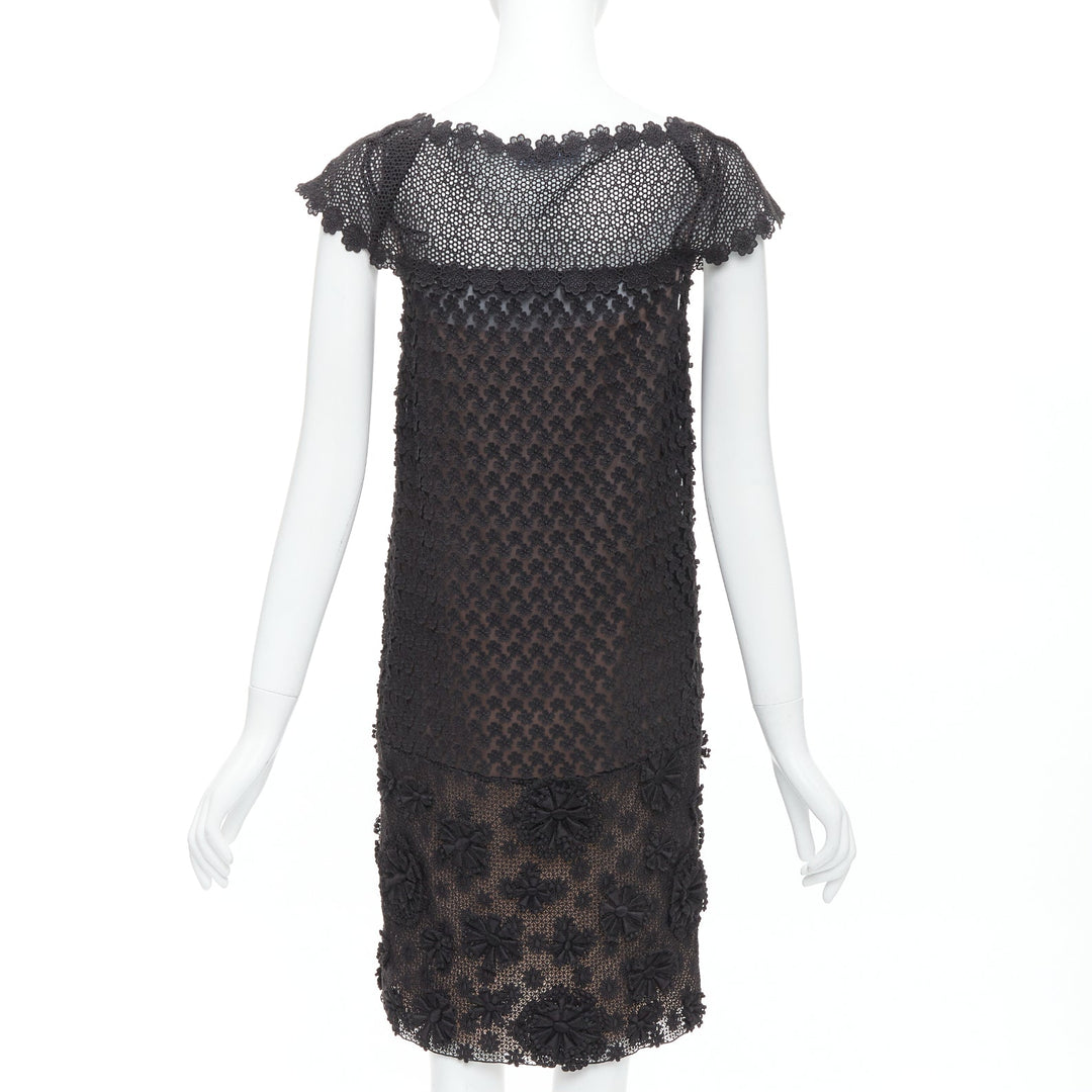 PRADA 2011 black cotton floral applique lace silk lined dress IT38 XS