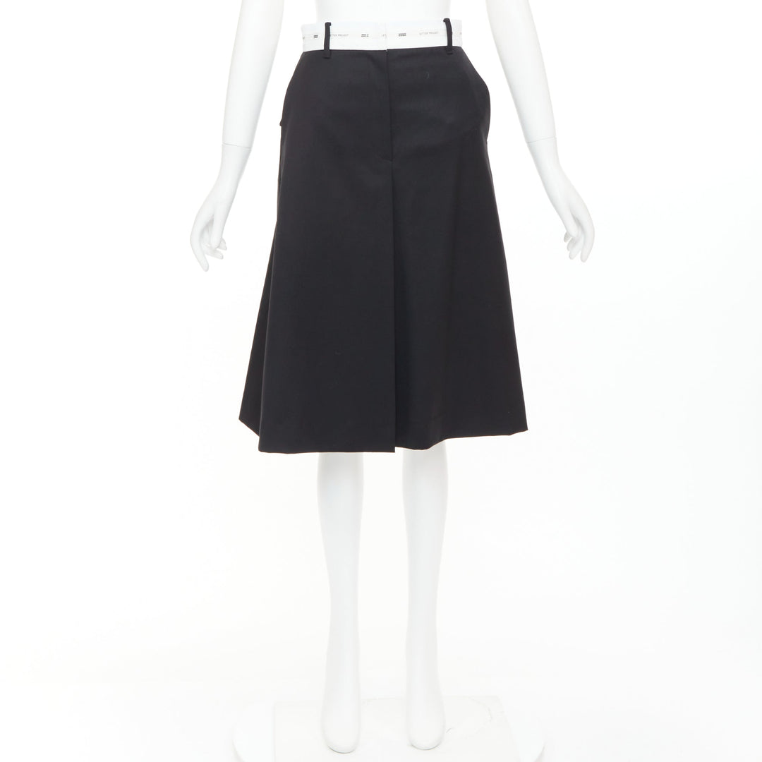 EENK LETTER X black white wool blend logo waist box pleat knee skirt XS