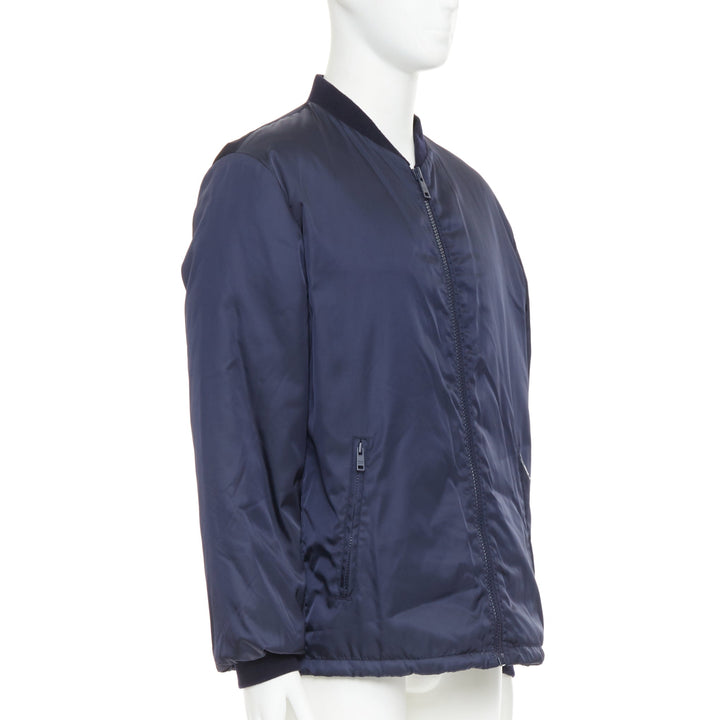 PRADA 2016 navy nylon zip pockets padded down oversized bomber jacket IT52 XL