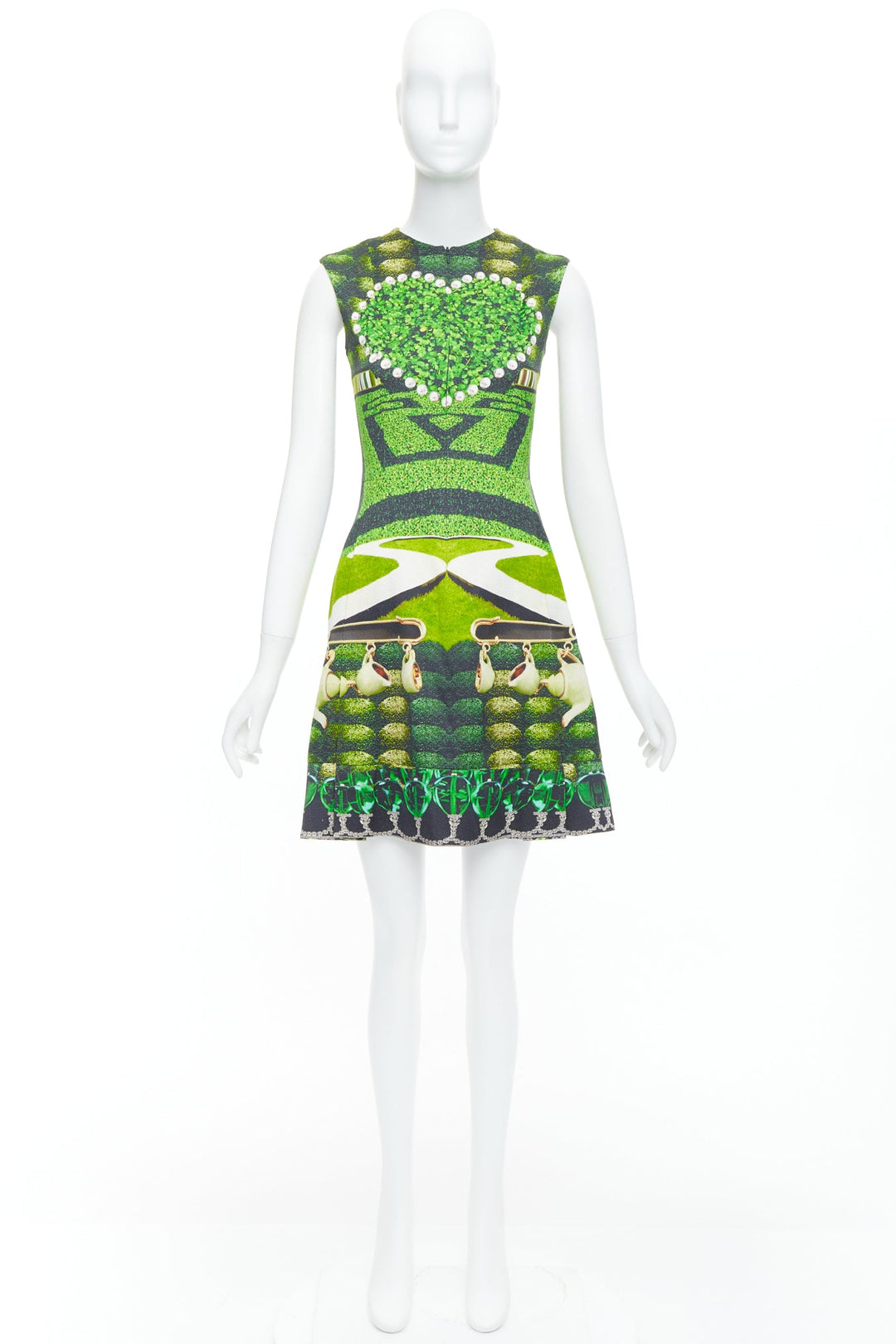 MARY KATRANTZOU 2012 Runway green heart garden party print shift dress UK10 M