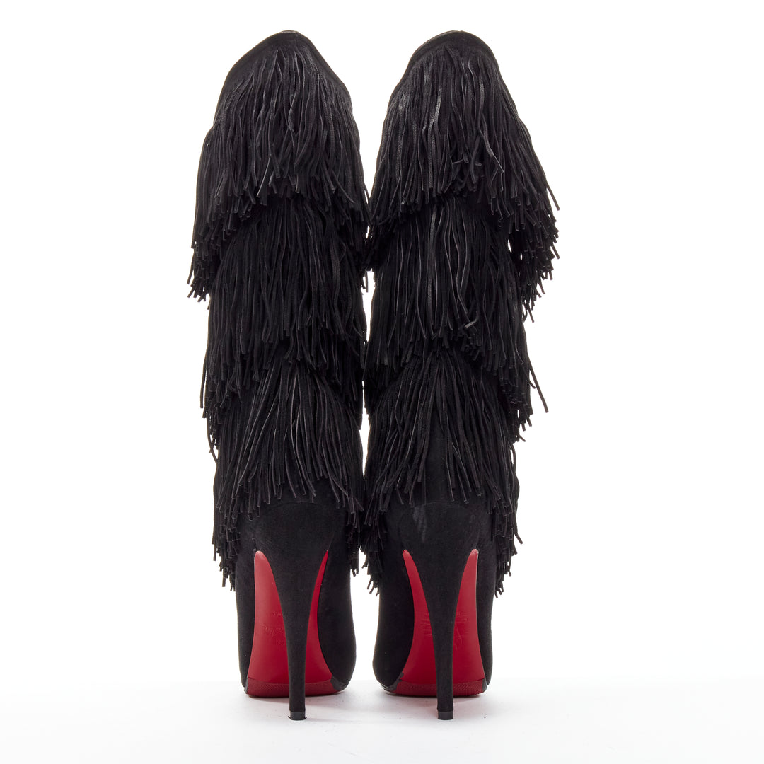 CHRISTIAN LOUBOUTIN Forever Tina 130 black suede fringe platform boots EU37.5