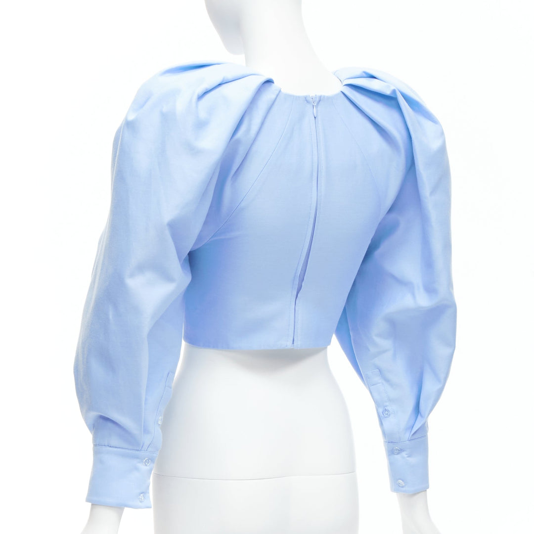 SHUSHU TONG blue cotton silk bow puff sleeve fitted cropped top UK6 XS
