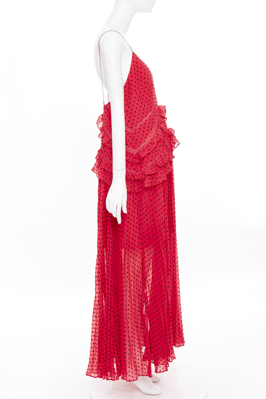 SELF PORTRAIT fuchsia red plumetis polka dot pleated tiered ruffle dress UK14