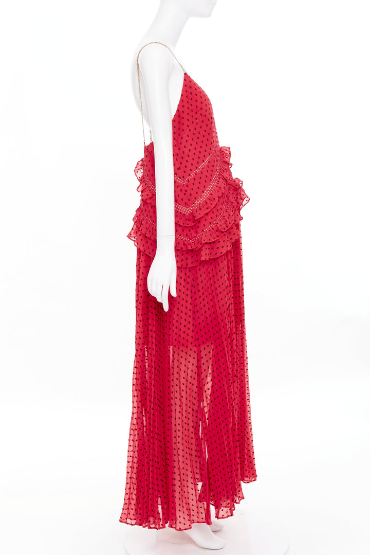 SELF PORTRAIT fuchsia red plumetis polka dot pleated tiered ruffle dress UK14