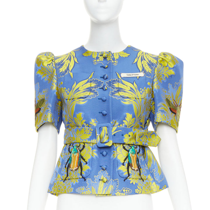 rare GUCCI 2017 blue yellow beetle embroidery floral jacquard belt jacket IT40 S
