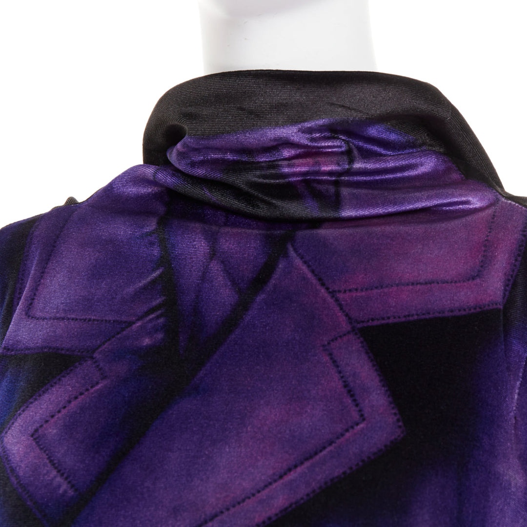 LOEWE 2022 Runway black purple Trompe Loeil print open draped cape top FR36 S