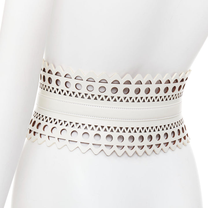 ALAIA white leather geometric cut out scallop edge wide corset belt 65cm