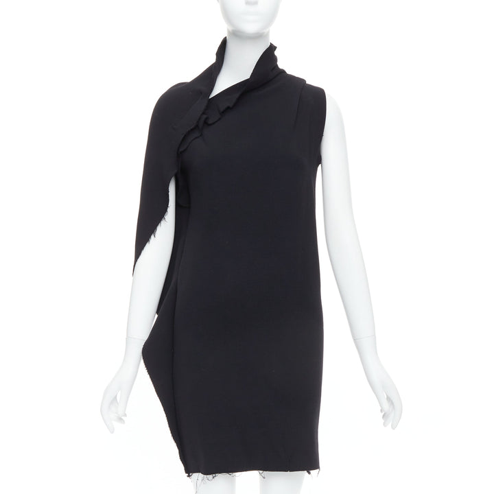 LANVIN 2010 black wool asymmetric zip drape mini dress FR36 S