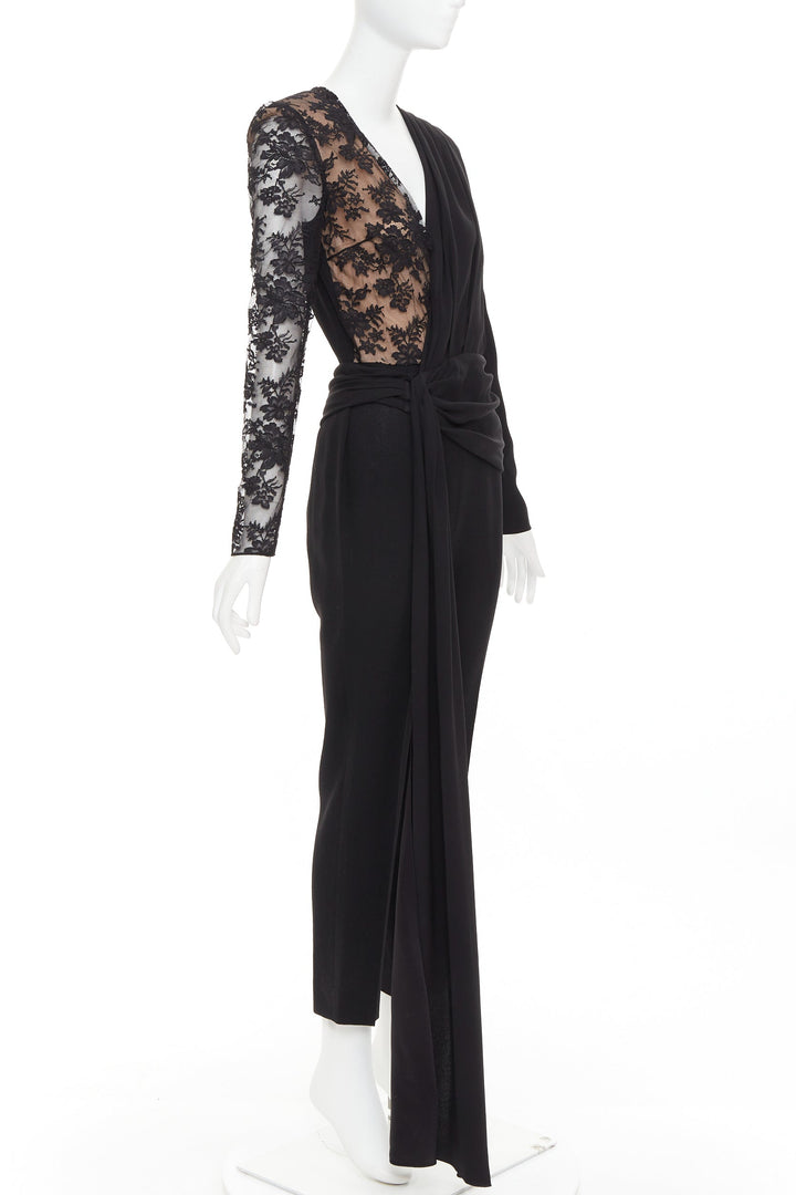 GIVENCHY black silk cotton blend intricate lace trim wrap jumpsuit FR36 S