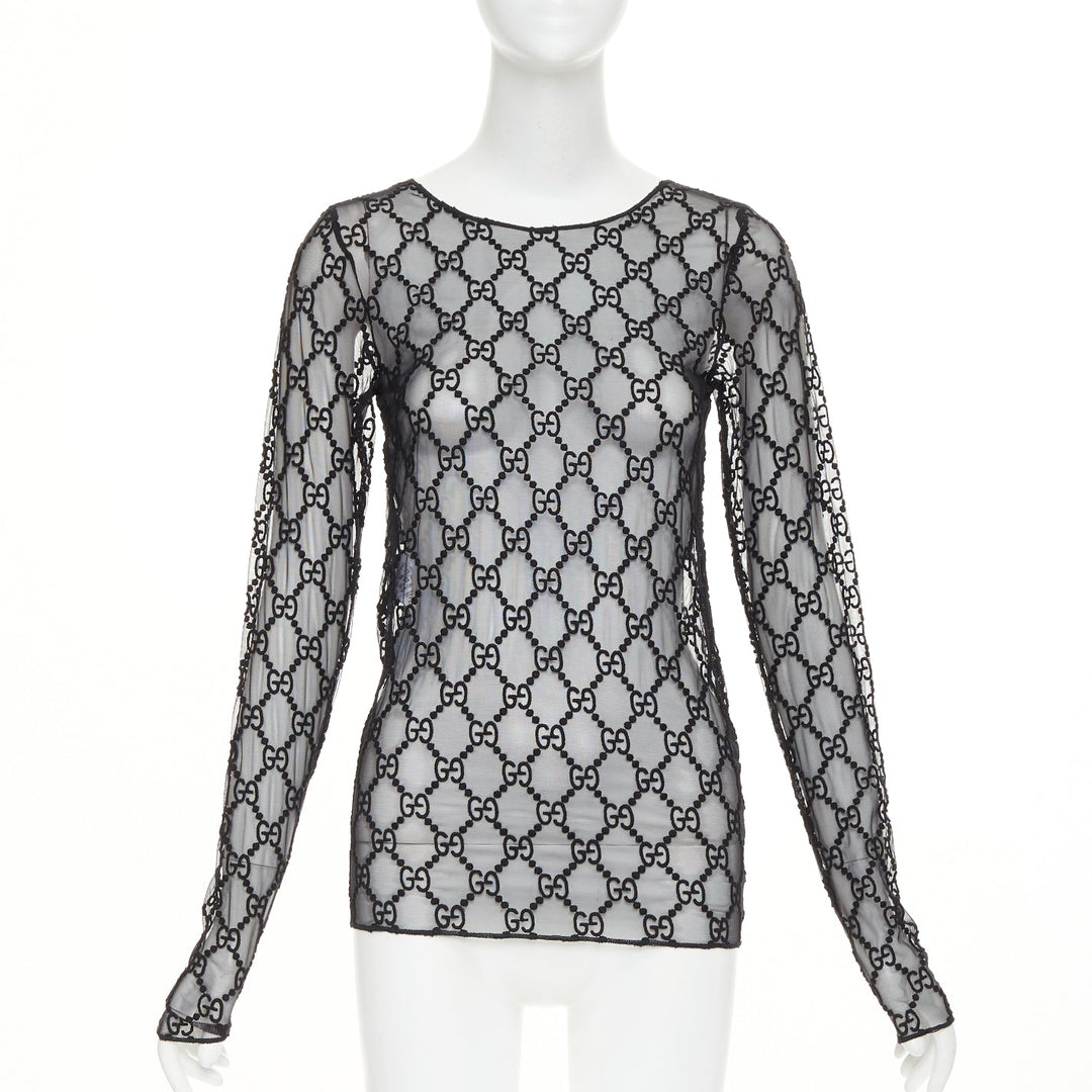 GUCCI 2019 black sheer monogram GG embroidered tulle long sleeve top XXS