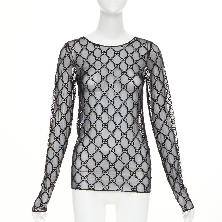 GUCCI 2019 black sheer monogram GG embroidered tulle long sleeve top XXS