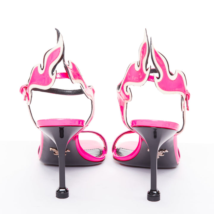PRADA 2018 Flame fluo neon hot pink white patent Fire mid heel sandal EU37