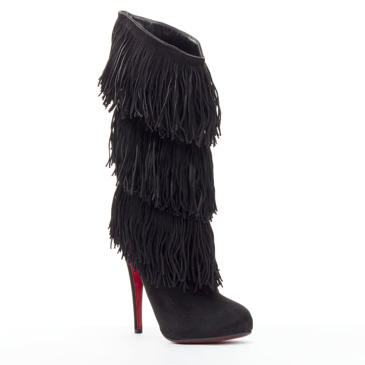 CHRISTIAN LOUBOUTIN Forever Tina 130 black suede fringe platform boots EU37.5