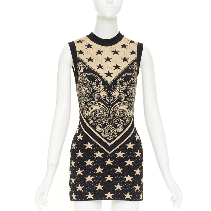 BALMAIN 2023 Ivoire Noir Star Baroque Paisley print intarsia knit dress FR36 S