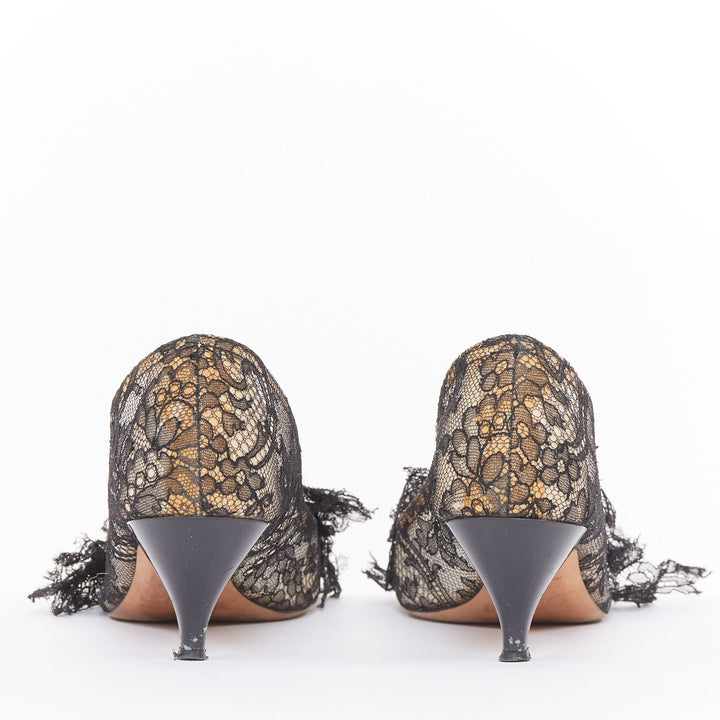 ROCHAS black floral lace mesh pom pom rosette point toe kitten heel pumps EU36