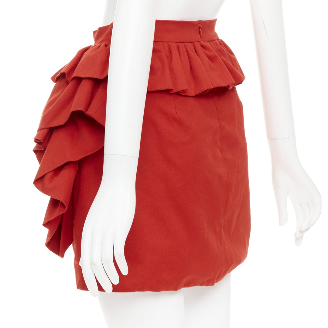 LOU LOU red cotton twill ruffle front high waisted mini skirt XS