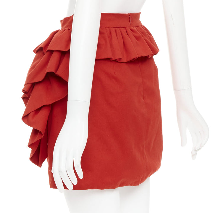 LOU LOU red cotton twill ruffle front high waisted mini skirt XS