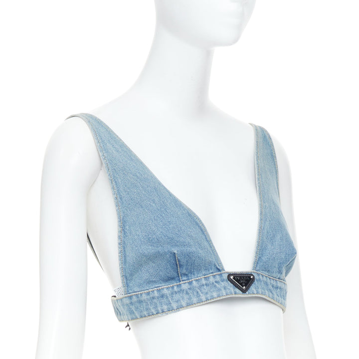 PRADA blue denim triangle logo seal plaque bra top IT42 M