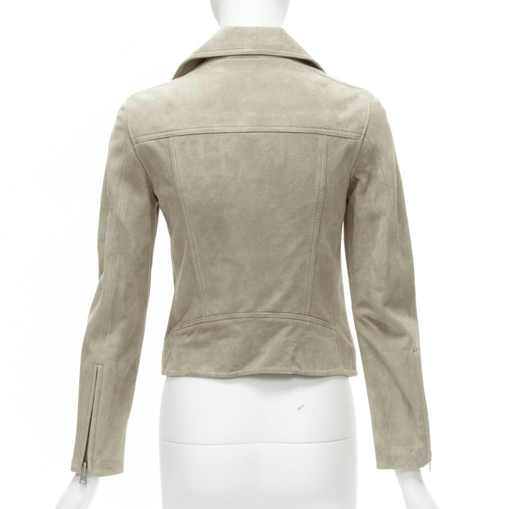 Female mannequin wearing All Saints Dalby Beige Suede Women Coat in Size UK6 | Available at JHROP