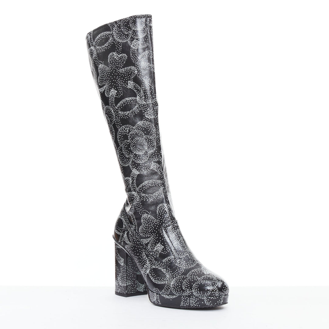 CHANEL 23A Runway white black CC camellia dotted logo print tall boots EU39