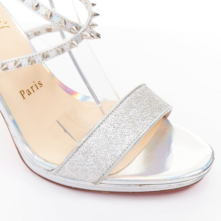 CHRISTIAN LOUBOUTIN Lurex Choca Lux 120 silver glitter studded sandal EU38