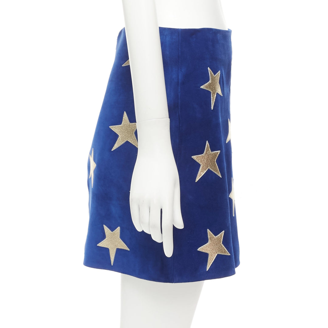 SAINT LAURENT 2018 blue suede gold metallic leather star patch skirt FR38 XS
