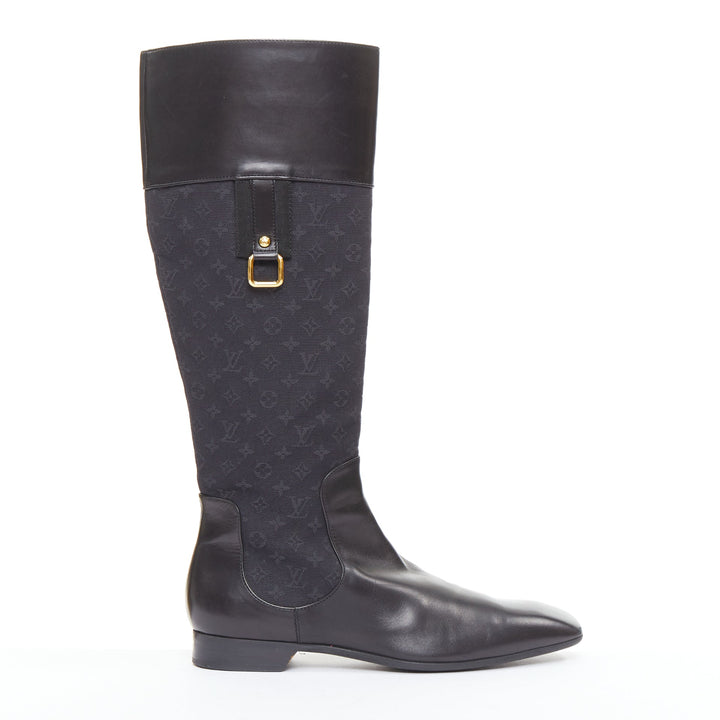 LOUIS VUITTON Mini Lin black monogram canvas saure toe riding boots EU37.5