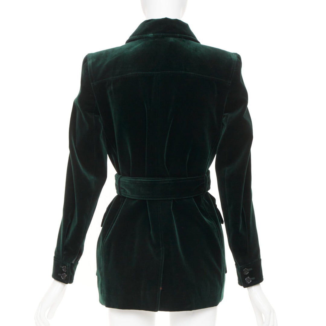 SAINT LAURENT 2025 Saharienne emeraude green belted cotton velvet jacket FR34 XS