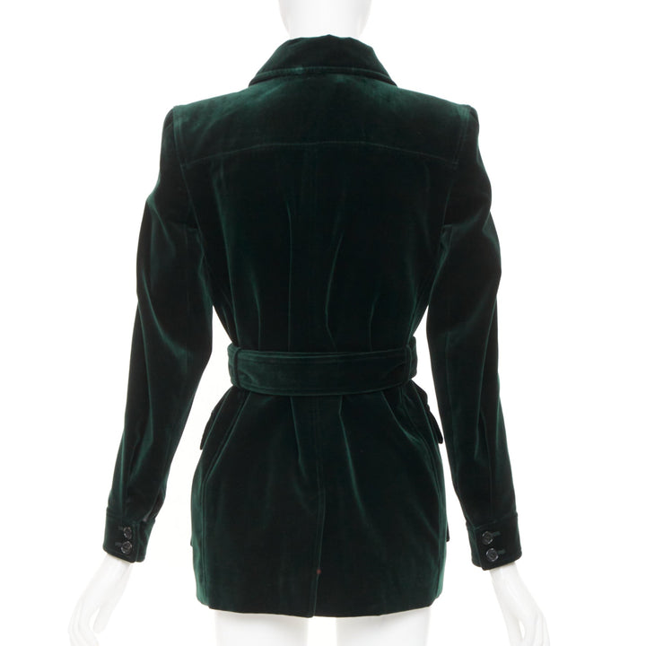 SAINT LAURENT 2025 Saharienne emeraude green belted cotton velvet jacket FR34 XS